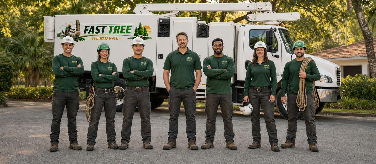 Fast Tree Removal owner and team standing together in front of a branded tree-service truck